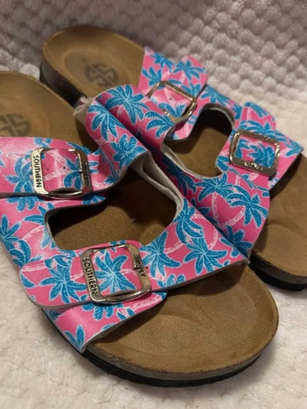 Simply Southern Pink Sandals with Blue Palm Print